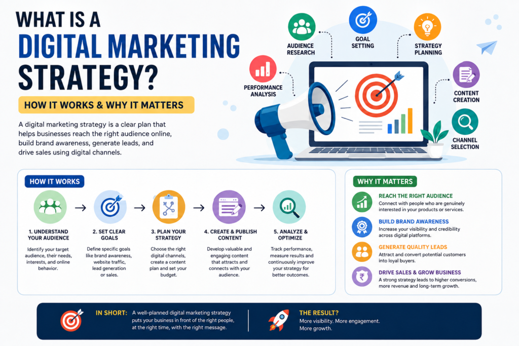 WHAT IS DIGITAL MARKETING STRATEGY? HOW IT WORKS & WHY IT MATTERS Digital marketing strategy infographic showing how businesses reach their target audience online through audience research, goal setting, strategy planning, content creation, channel selection, and performance analysis. The graphic explains how a digital marketing strategy works and why it matters for brand awareness, lead generation, sales growth, and business success, featuring a laptop with a target icon, megaphone, charts, and marketing-related illustrations.